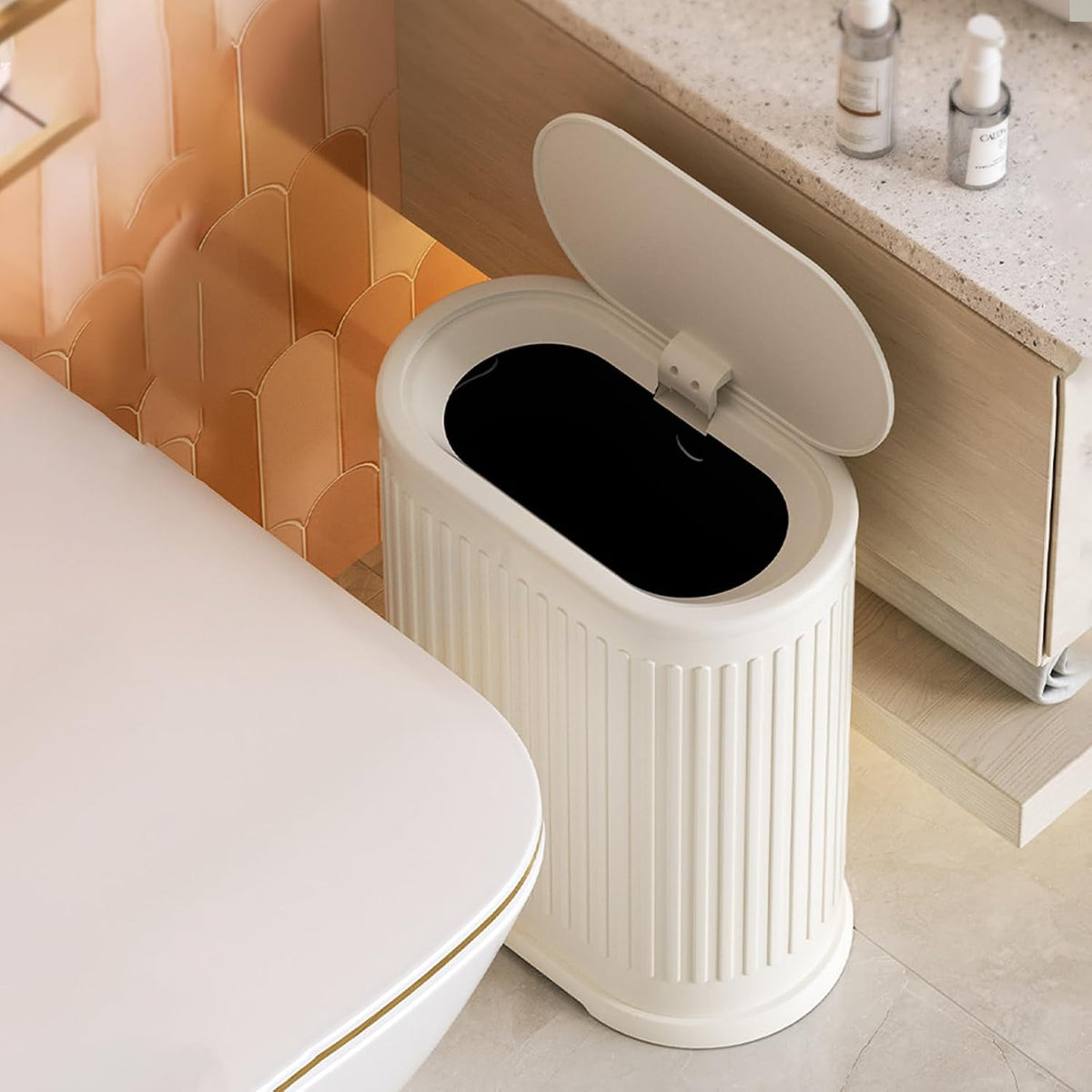 1.6 Gallon Trash Can with Lid, Small Bathroom Trash Can Wastebasket, Slim Garbage Can with Inner Bucket, Press Top Lid Garbage Container Bin for Kitchen, Home, Office, Bedroom, Living Room