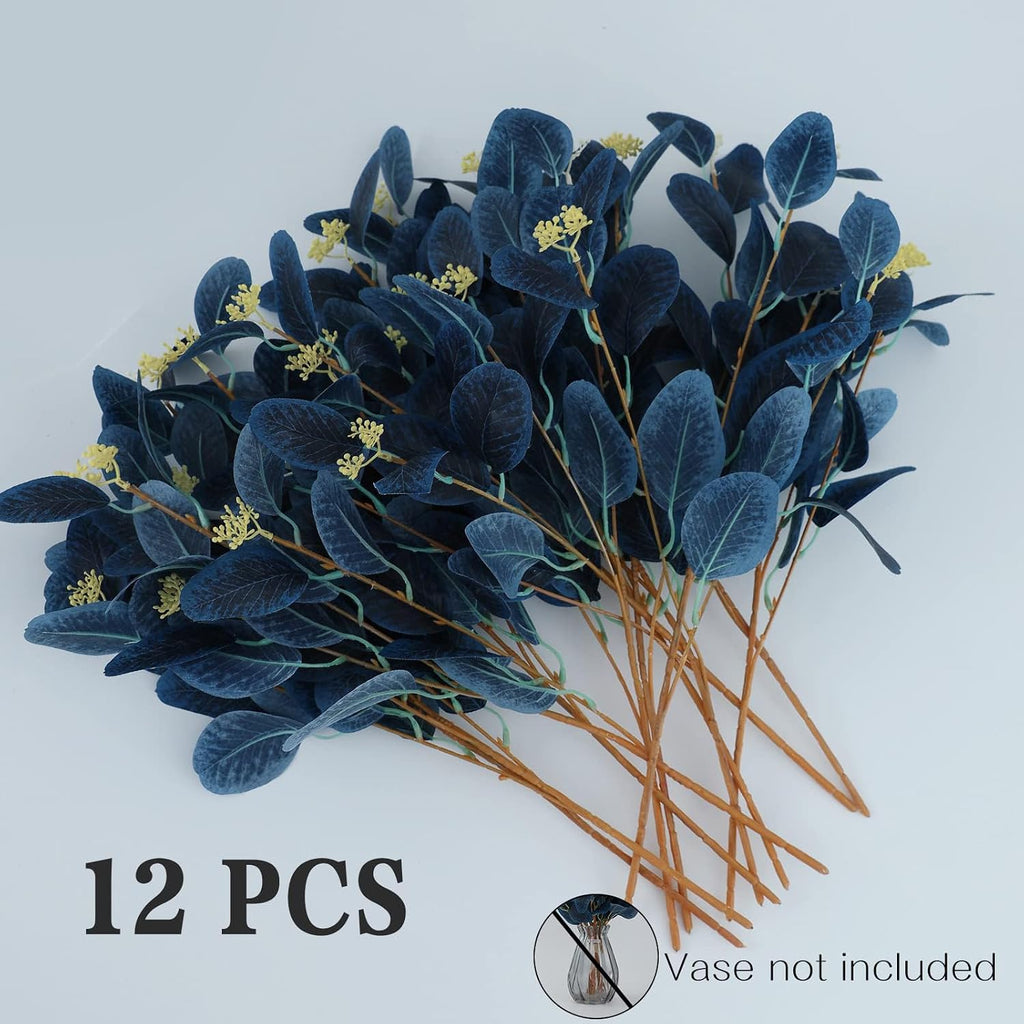 dallisten 20" Silk Artificial Eucalyptus Stems, 12Pcs Fake Eucalyptus Stem with Leaves Berries, Greenery Plants Floral Decorations for Wedding Party Flower Arrangement Home Decor (Navy Blue)