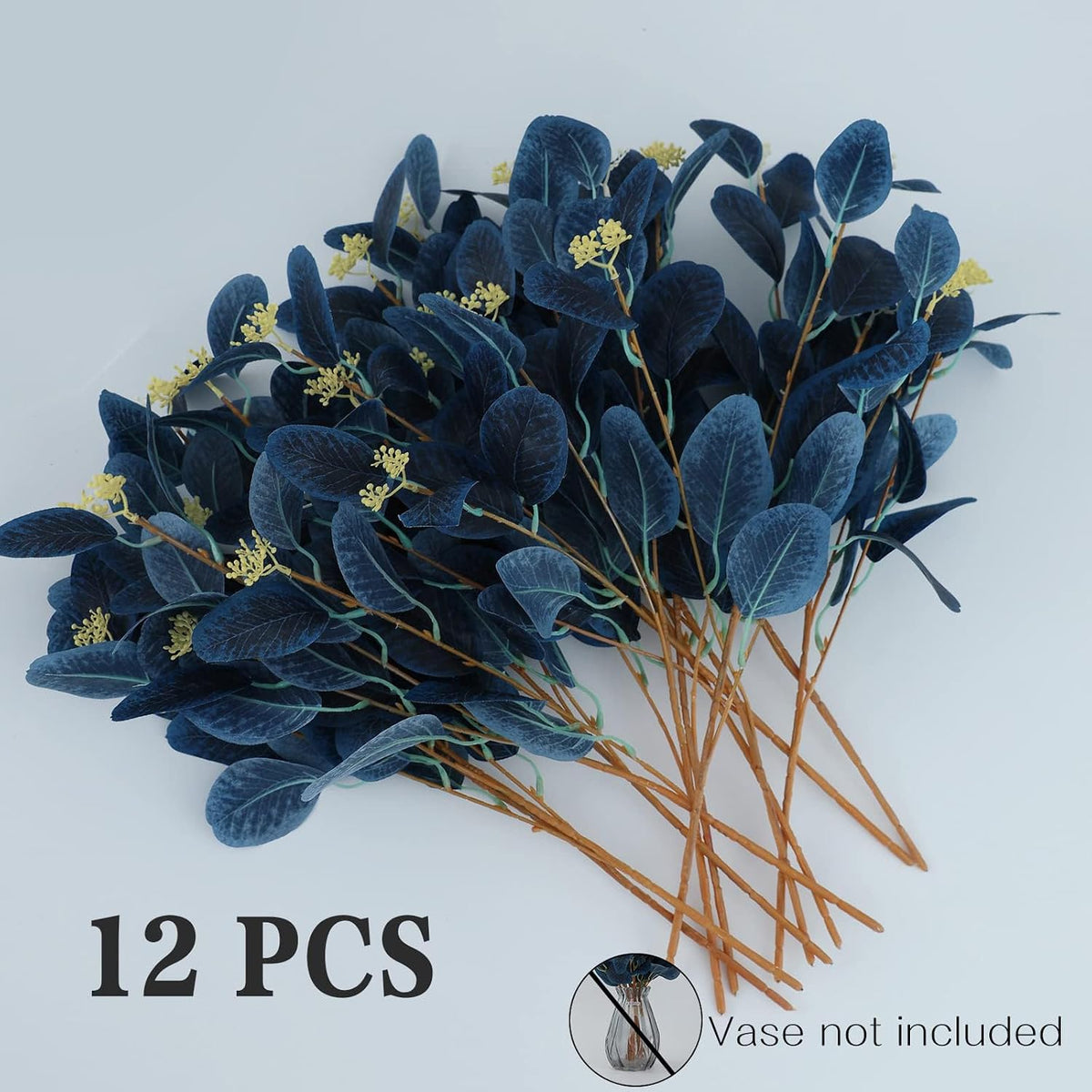 dallisten 20" Silk Artificial Eucalyptus Stems, 12Pcs Fake Eucalyptus Stem with Leaves Berries, Greenery Plants Floral Decorations for Wedding Party Flower Arrangement Home Decor (Navy Blue)