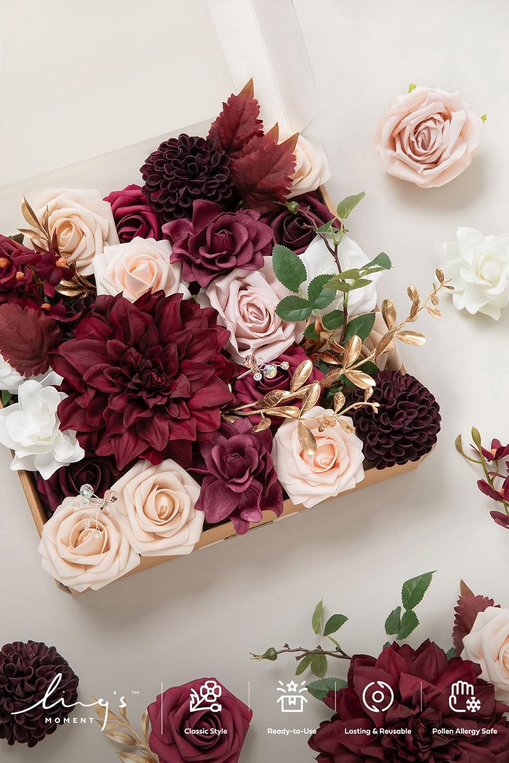 Ling's moment Artificial Wedding Flowers Combo, Marsala & Soft Peach, Grand