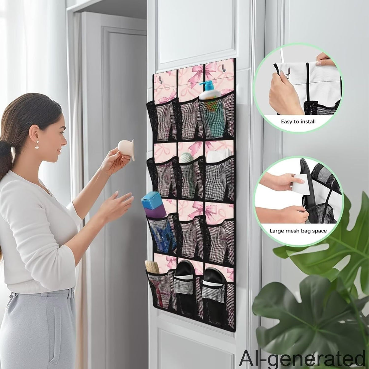 Pink Bow Pattern Space Saving Hanging Shoe Organizer,Entryway Bedroom Bathroom Storage Bags with 12 Mesh Large Pockets