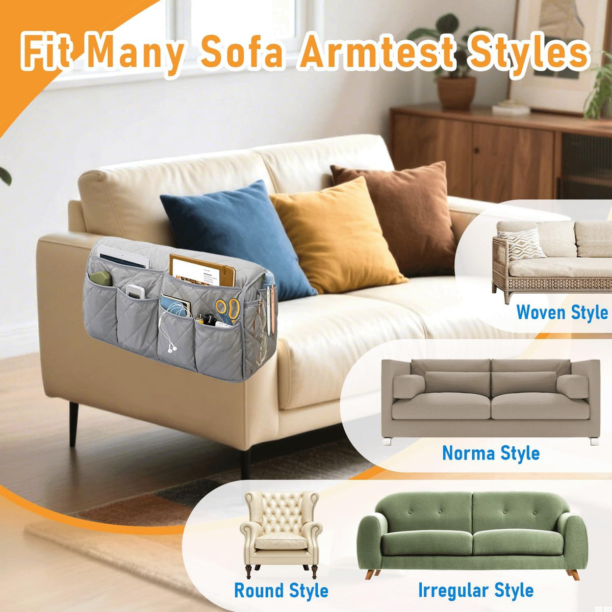 Armchair Caddy for Recliner, Non-Slip Recliner Pocket Organizer, Remote Holder for Recliners, Sofa Armrest Organizer, Couch Caddy with 14 Pockets Storage for TV Remote, Phone, Magazine (Grey)