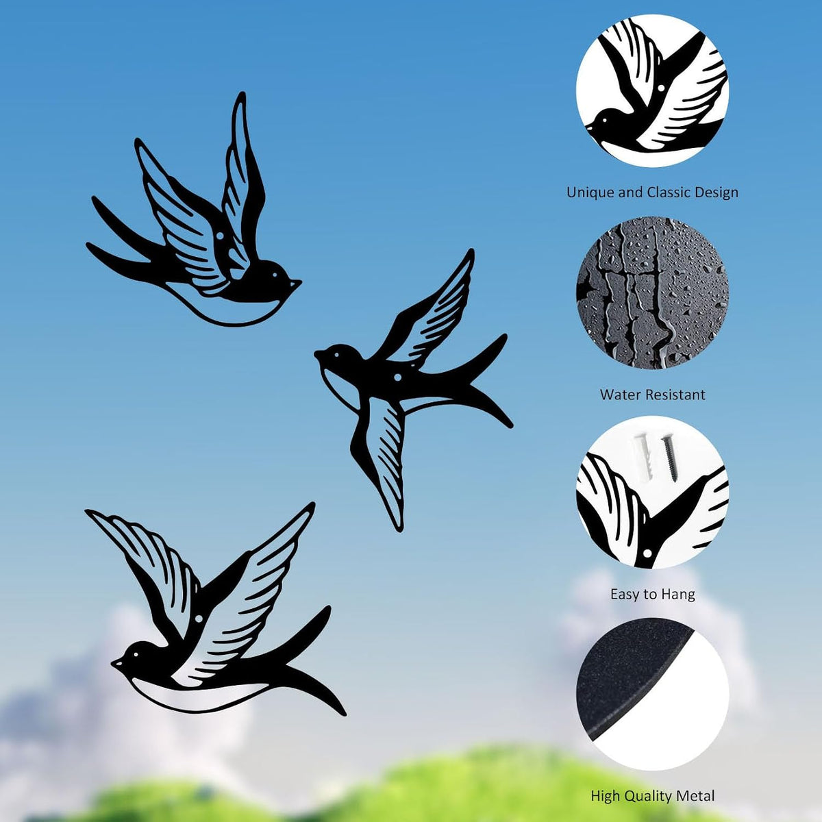 ESTART Metal Birds Wall Decor, 3 Pcs Black Birds Metal Wall Art