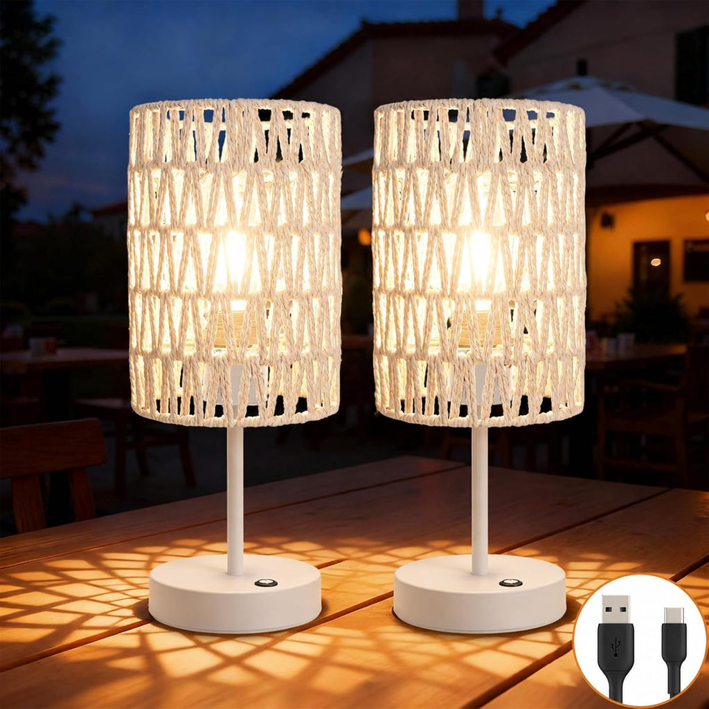 Boho Cordless Outdoor Table Lamps, Rechargeable Battery Operated Rattan Table Lamps, Stepless Dimmable, for Covered Patio, Porch, Gazebo, Living Room, Bedroom Decor- Set of 2 (Ivory White)