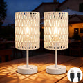 Boho Cordless Outdoor Table Lamps, Rechargeable Battery Operated Rattan Table Lamps, Stepless Dimmable, for Covered Patio, Porch, Gazebo, Living Room, Bedroom Decor- Set of 2 (Ivory White)