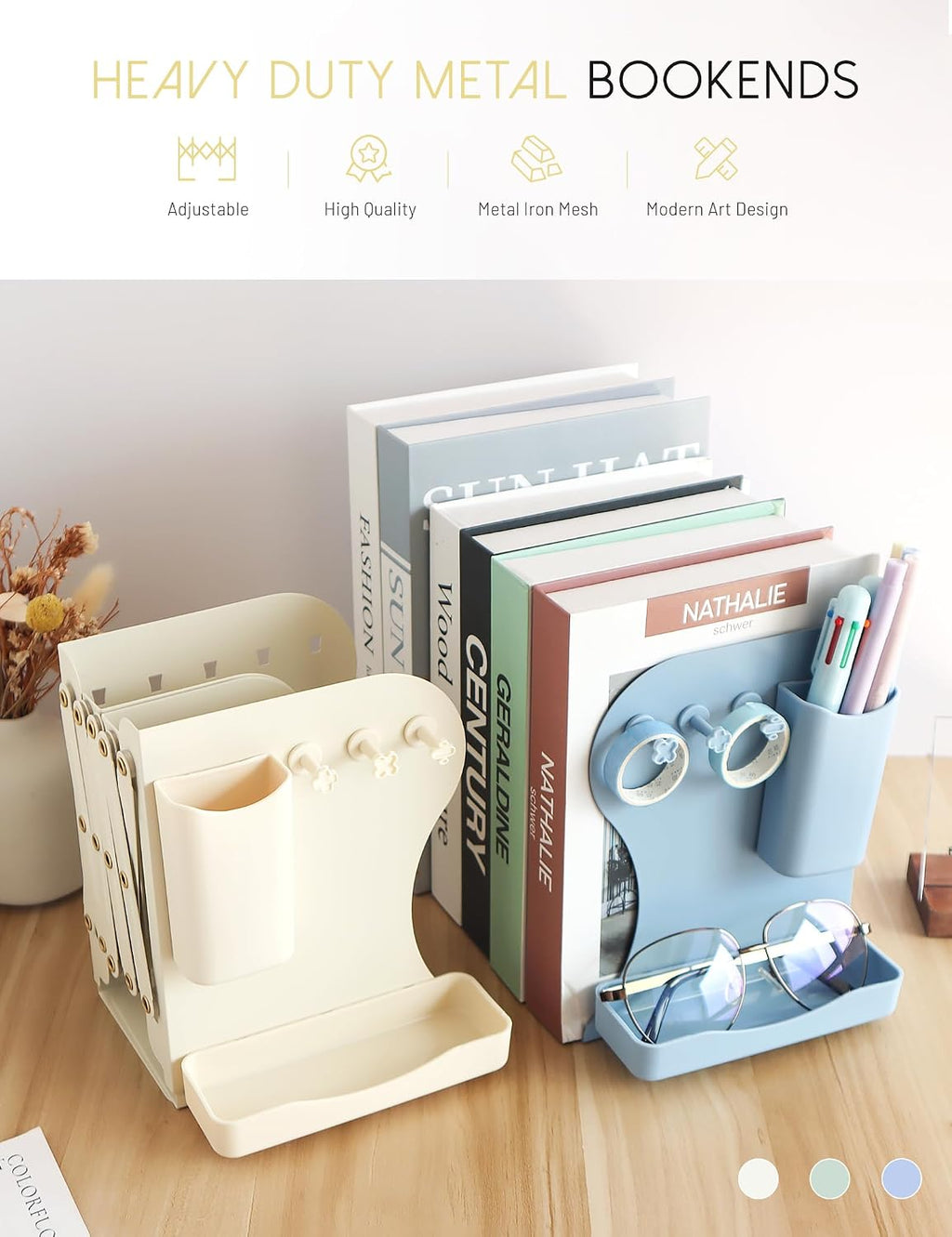 Heavy Duty Bookends Adjustable Book End, Desk Book Holder for Shelves, Book Organizer for Desk, Suitable for Office Home School (19.69 inches Max) (White)