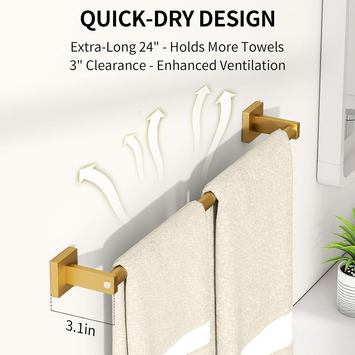 MKO Towel Bar for Bathroom, 24" 2 Pack Wall Mounted Towel Rack, Gold