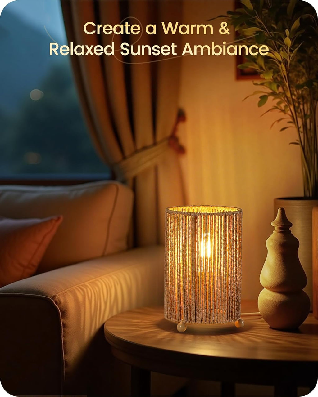 Small Rattan Table Lamps Set of 2, Boho Bedside Lamps Set of 2, Handwoven Paper Lampshade, 4W 2400K LED Bulb Included, Boho Desk Lamp, Nightstand Lamp for Bedroom, Living Room, S11TLP205