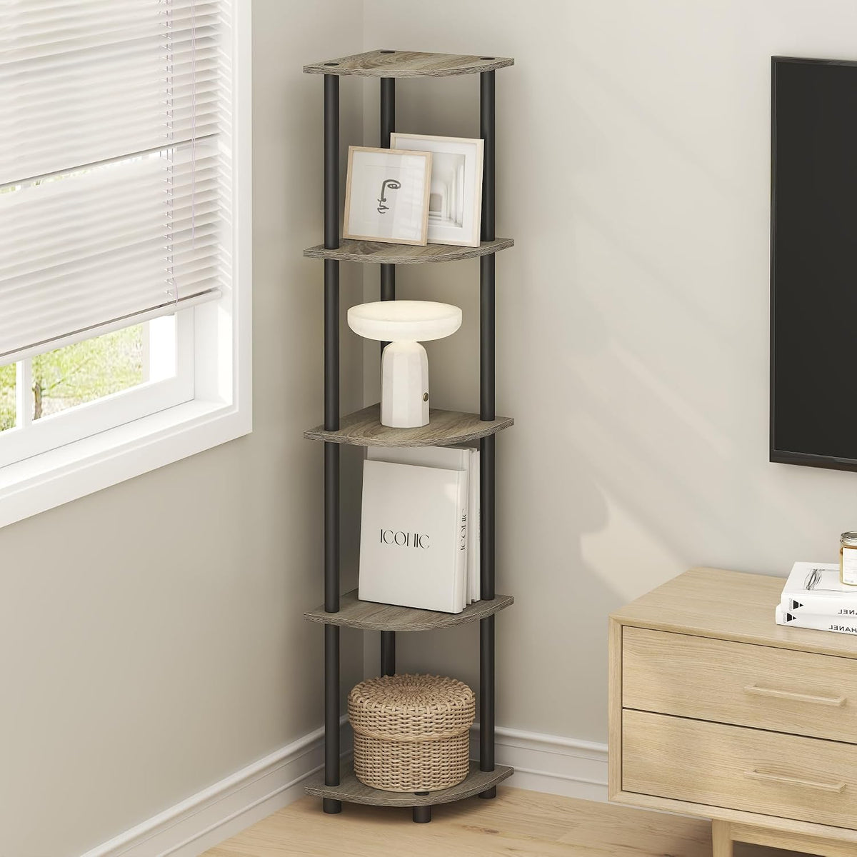 Furinno Turn-N-Tube Corner Shelf, 5-Tier Corner Bookshelf, Open Storage Shelves, for Organization and Storage, Living Room, Home Office, Garage, Bedroom, Grey Oak