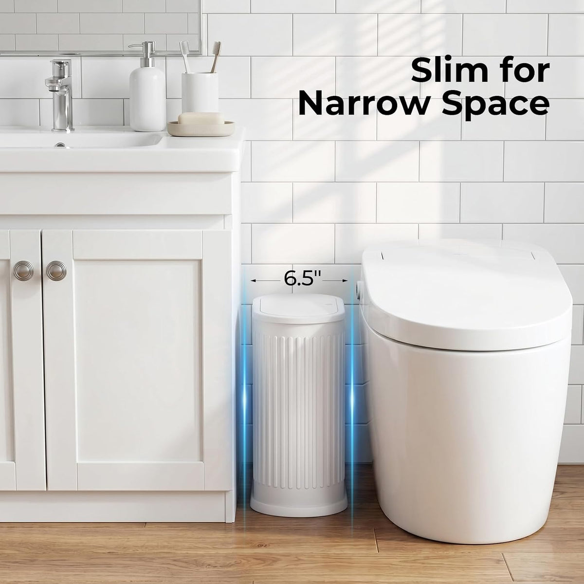 1.8 Gallon Small Bathroom Trash Can with Lid, Press-Top, Slim, White