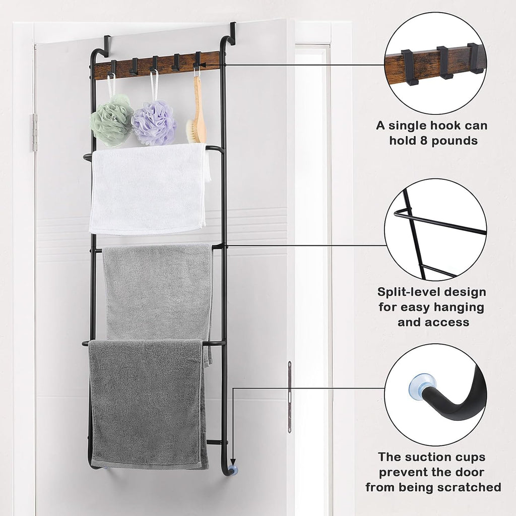Over The Door Towel Rack Bathroom Behind Door Towel Holder with Hooks 5 Tier Over The Door Towel Bar Hanger Organizer for Bathroom Bedroom Bathroom Accessories, Metal (Black)