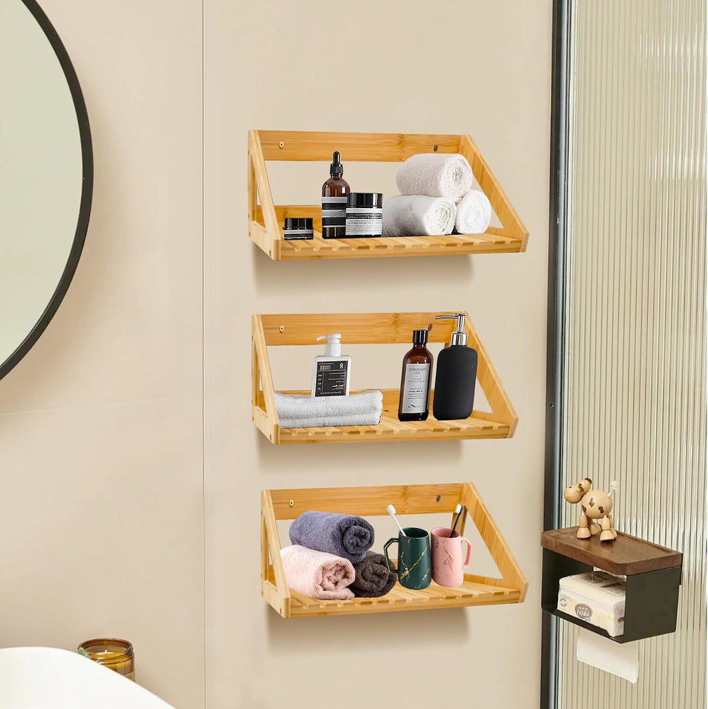 Floating Shelves Wall Mounted 3 Pcs Bamboo Wall Hanging Rack Holder