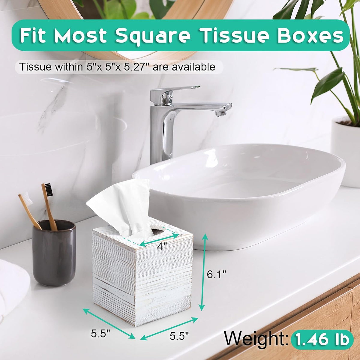 Wood Tissue Box Cover Square - Wooden Tissue Box Holder for Tabletop Night Stands Bathroom Office - Decorative White Facial Cube Tissue Box Cover