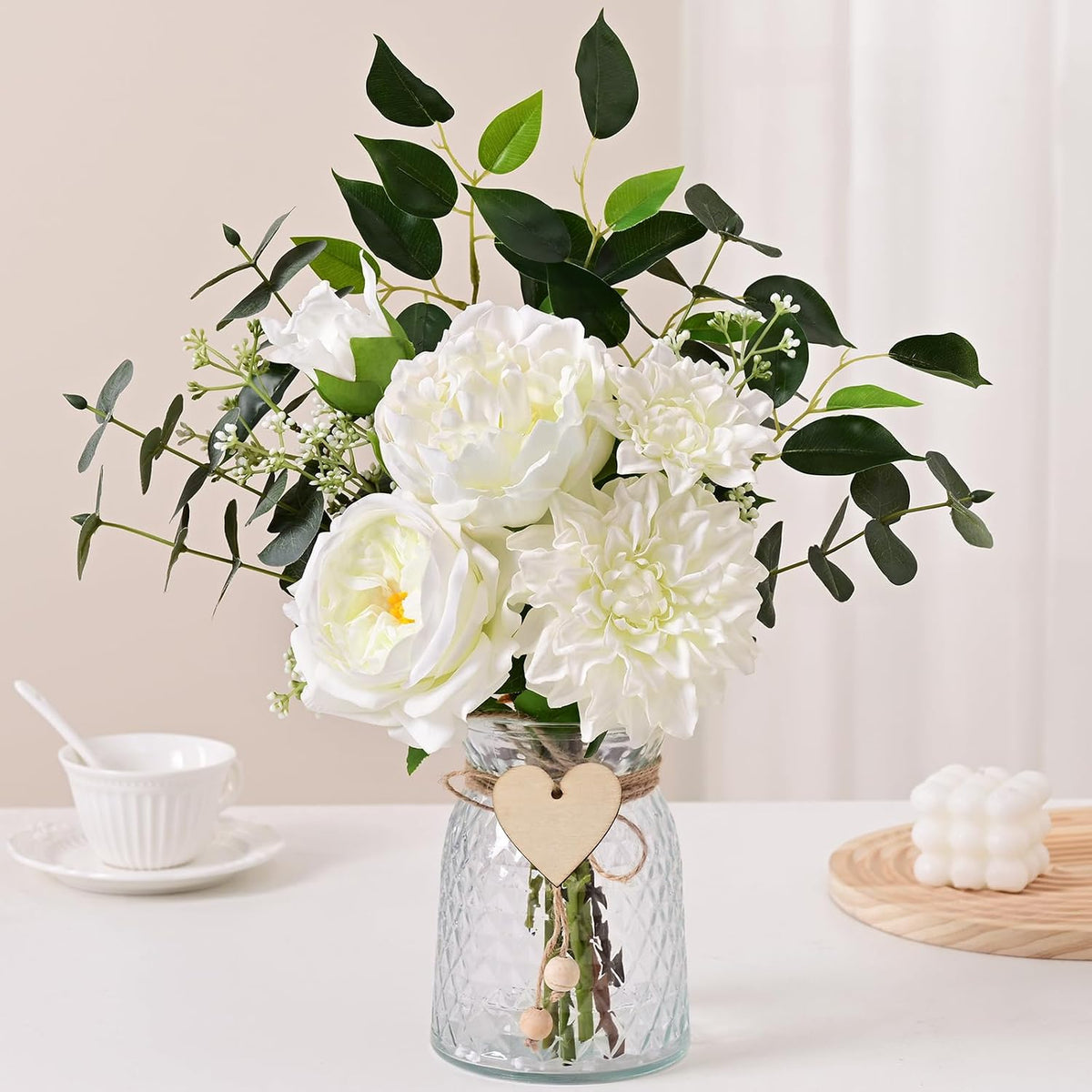 Livole Real Touch Fake Flowers with Vase & Light Silk Artificial Flowers