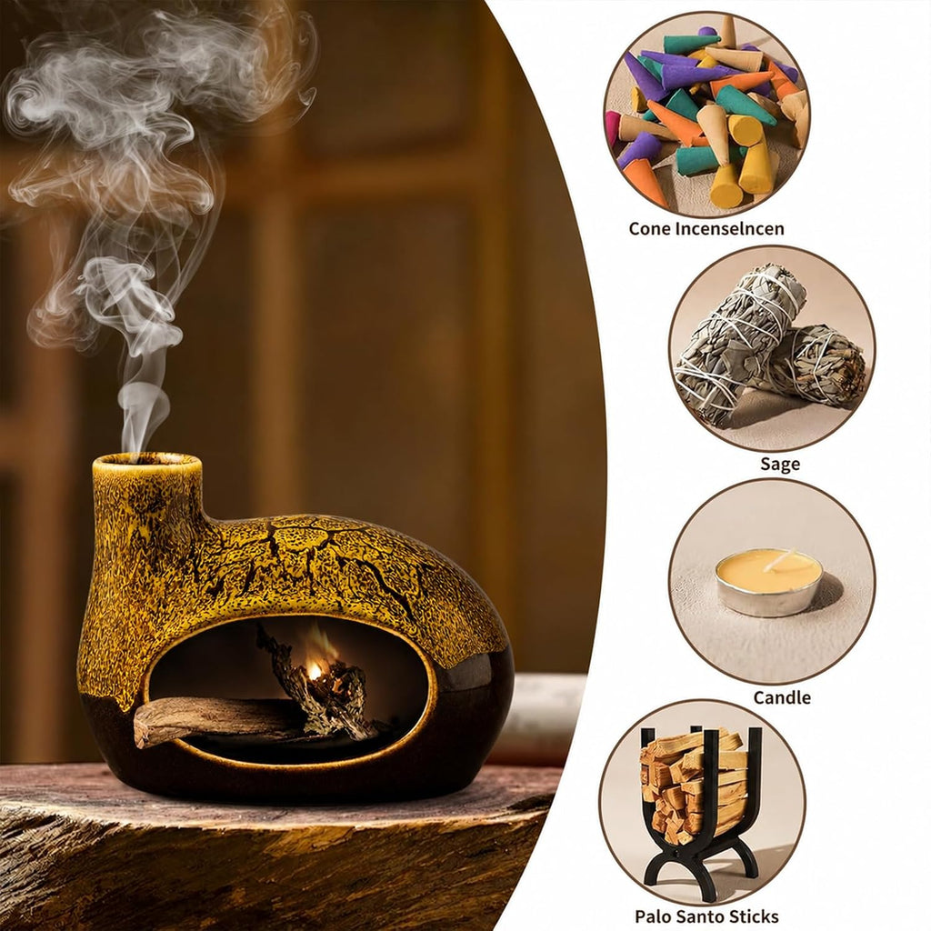 Handcrafted Ceramic Palo Santo Holder – Artistic Incense Burner for Meditation, Mindfulness and Zen Home Decor – Wabi-Sabi Style Cone Sculpture, Gift for Yoga, Relaxation & Aromatherapy (Yellow)