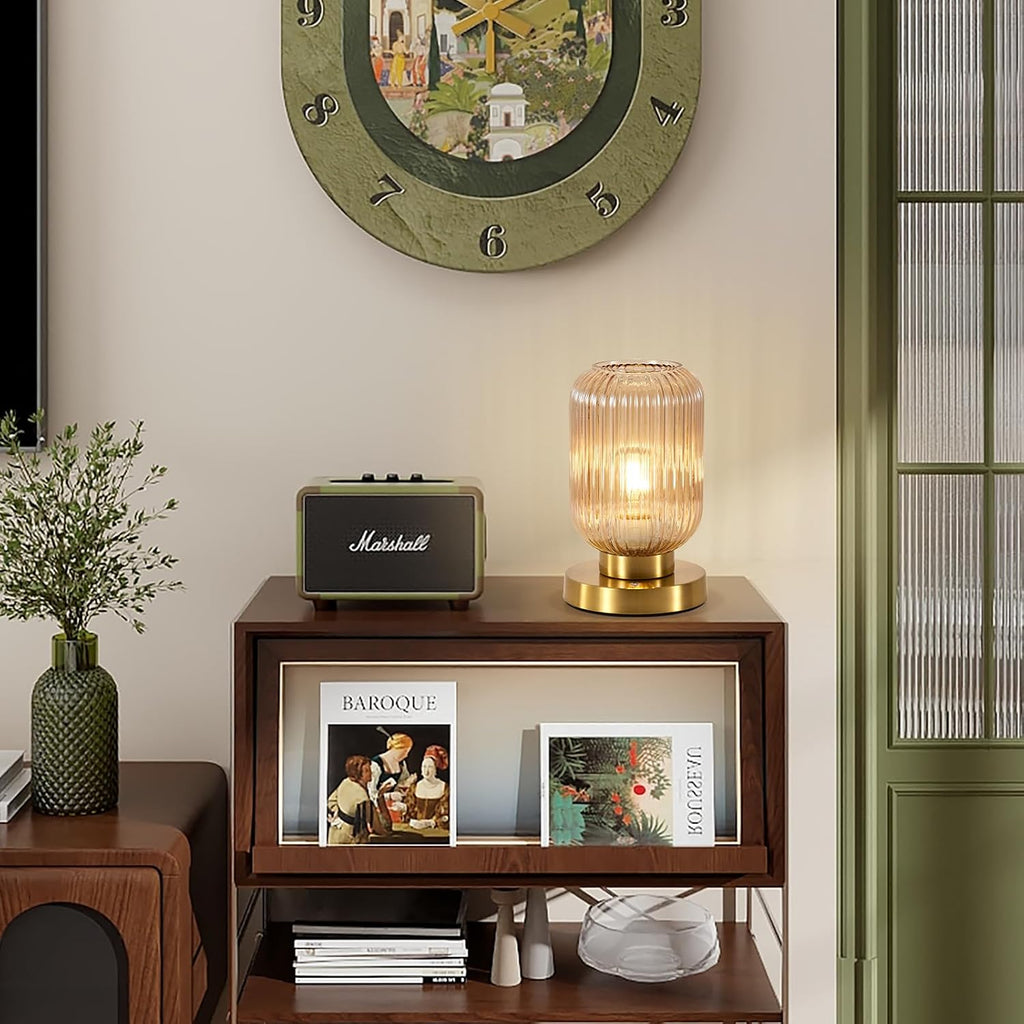 Rechargeable Amber Glass Table Lamp,Vintage Ribbed Bedside Lamp