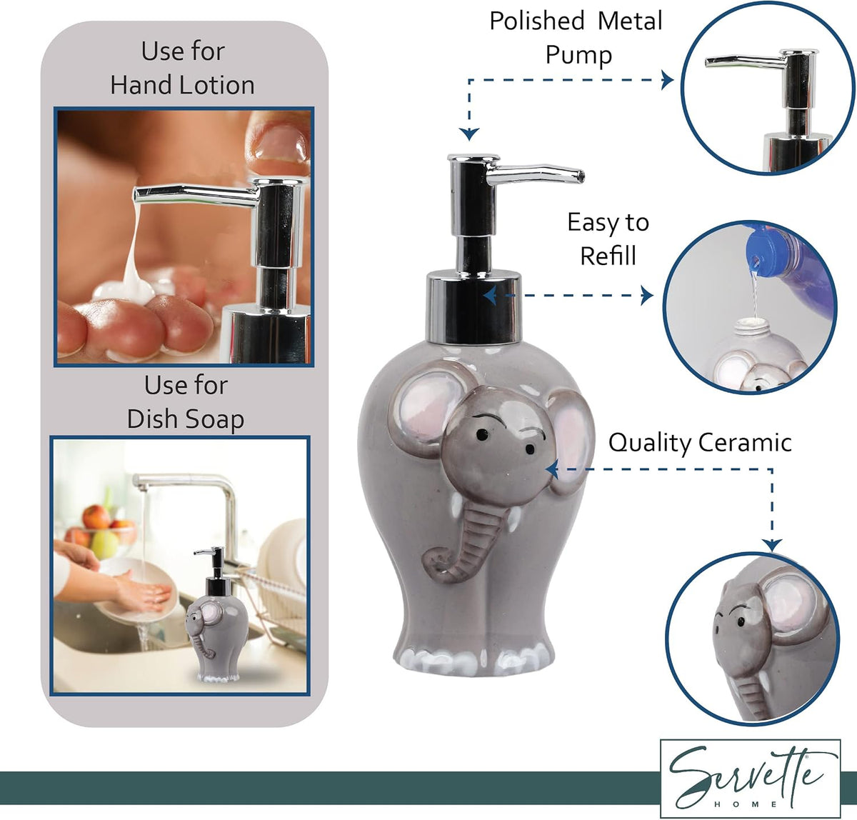 Elephant Soap Dispenser with Pump for Bathroom or Kitchen Sink