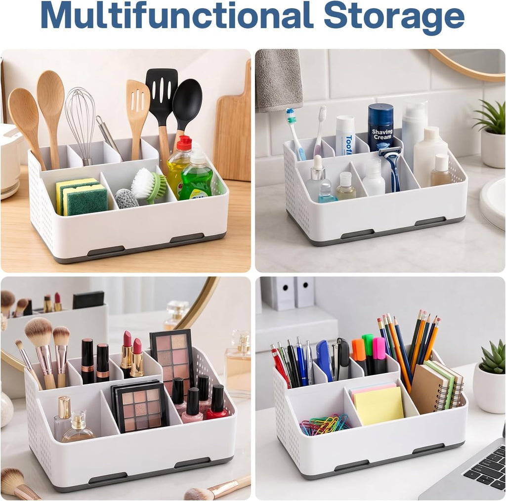 TQRR Bathroom Countertop Organizer -6 Slots Drain Tray Toothbrush Holders