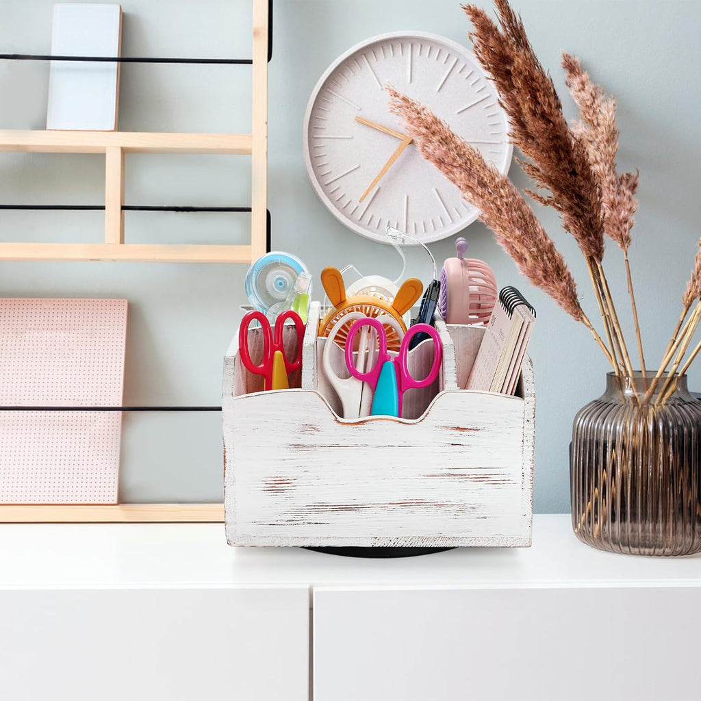 yarlung Vintage Rotating Remote Control Holder, Shabby Chic White Wooden Office Supplies Organizer 7 Compartments, 360° Rotation Multipurpose Storage Caddy for Pens, Art Supplies, TV Media