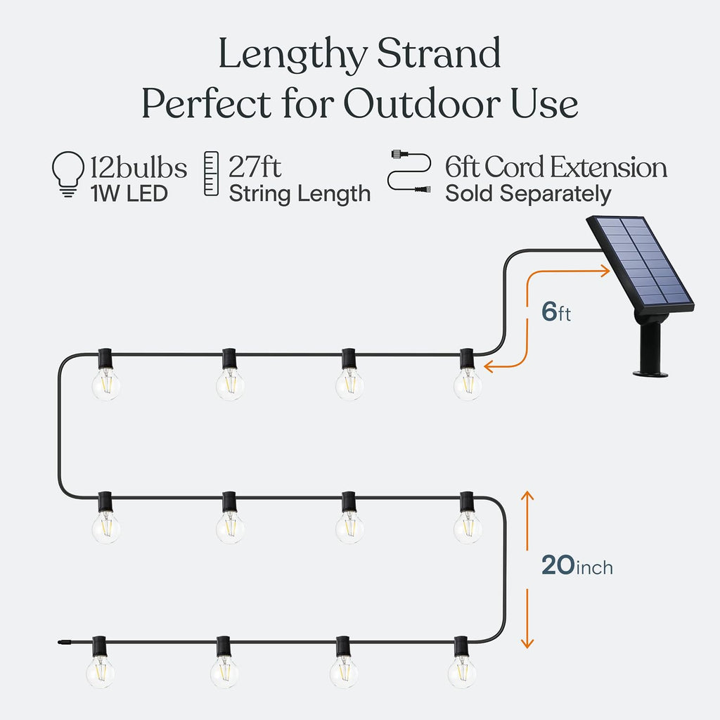 Brightech Ambience Pro Solar Powered LED Outdoor String Lights - 27 Ft Commercial Waterproof Patio Lights with Globe Bulbs - Durable String Lights for Outside, Backyard, Porch - 1W, Warm White