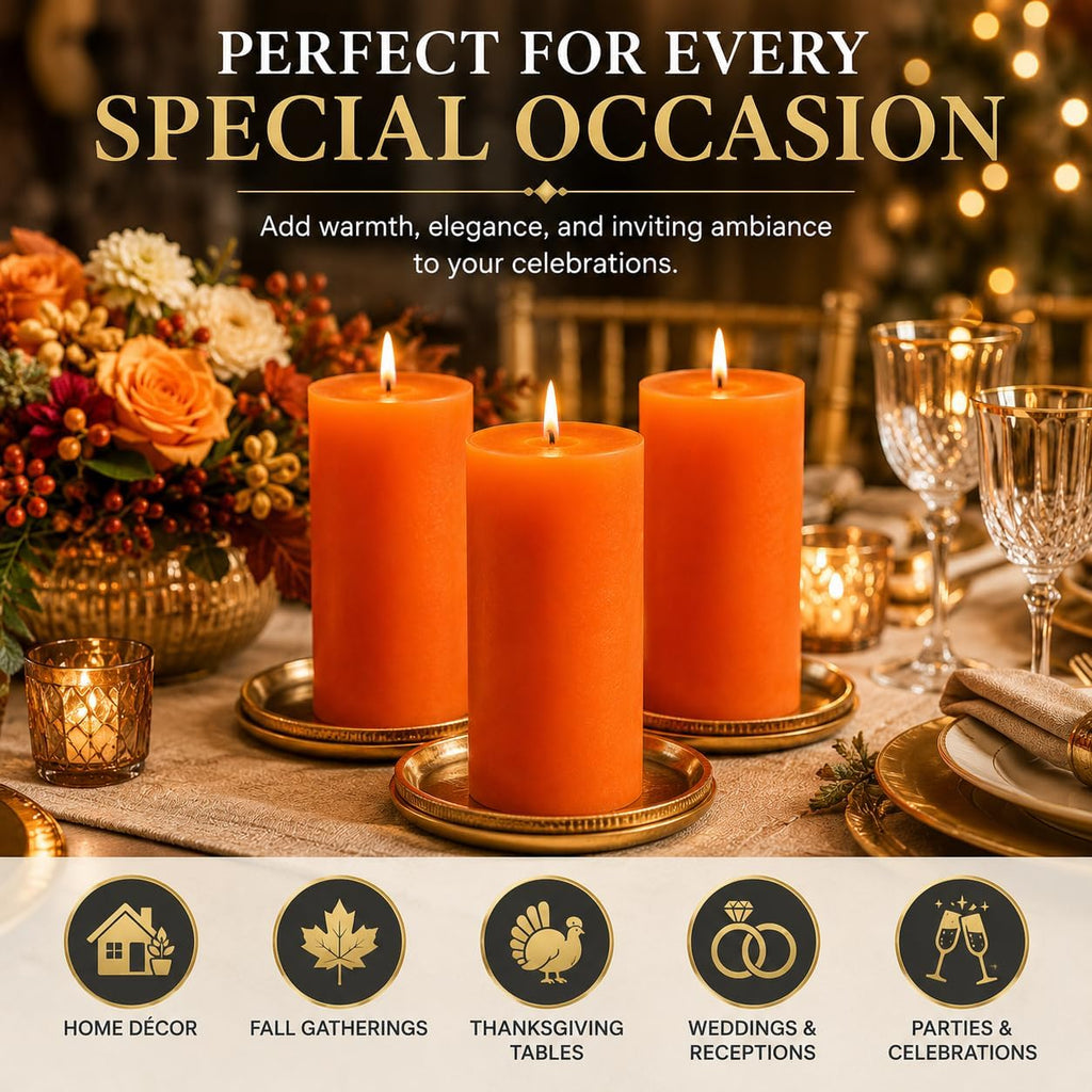 Dinil Orange Pillar Candles 3x6 Inch, Set of 3 Unscented Dripless Smokeless Candles, 65+ Hour Burn Time for Wedding Centerpiece, Dinner Table & Home Decor