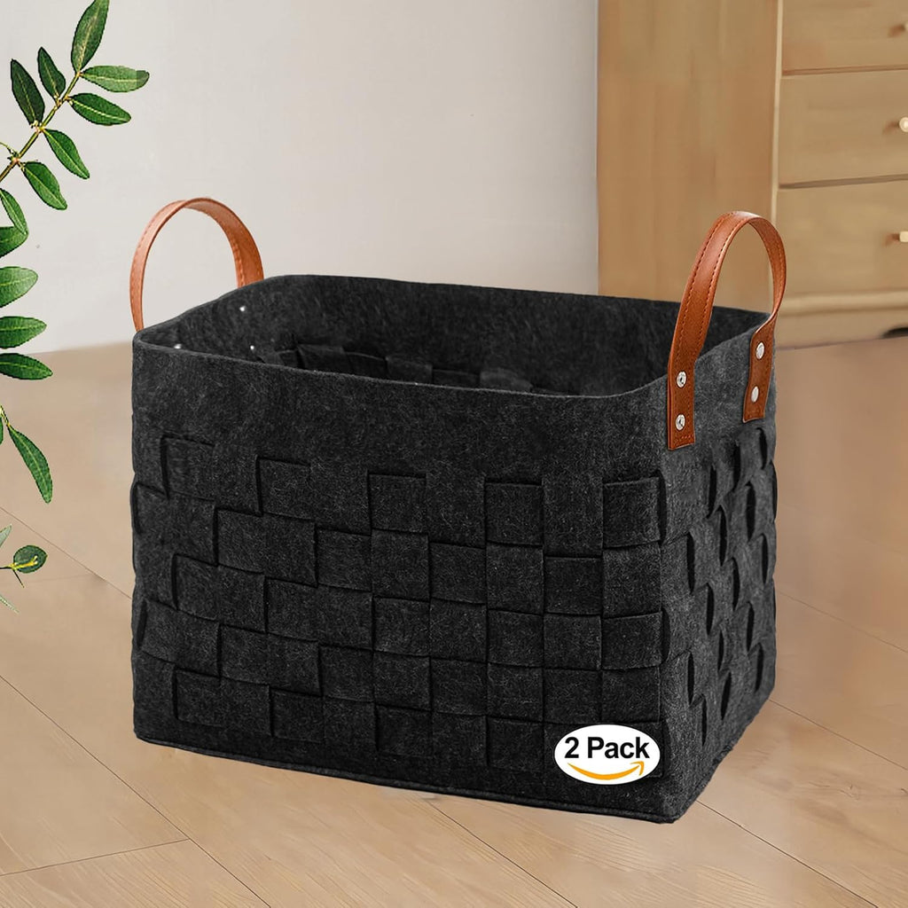 BOLDMONKEY Laundry Basket 15" x13 " x11 " 2 Pack, Large Rectangular Blanket Basket with Leather Handle, Felt Storage Basket for Living Room, Nursery, Dog Toys-Dark Gray