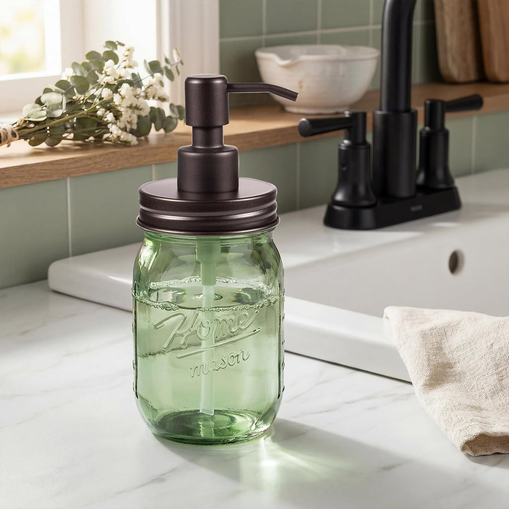 Amolliar 16OZ Green Glass Mason Jar Soap Dispenser W/Metal Pump, Bronze