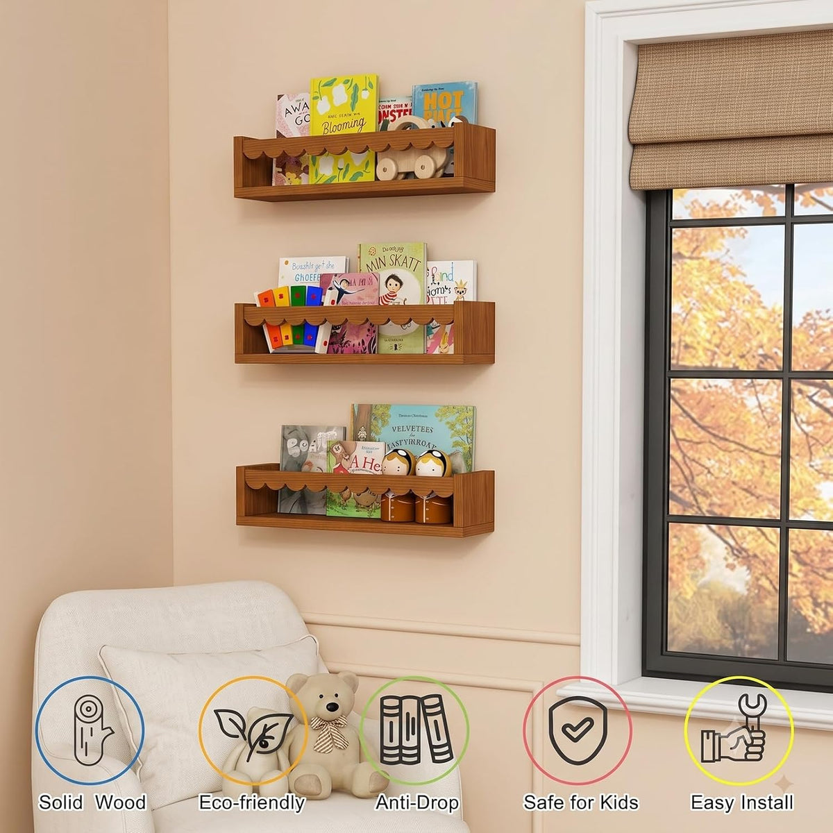 Scalloped Floating Shelves for Nursery, Walnut Scallop Kids Wall Book Shelf