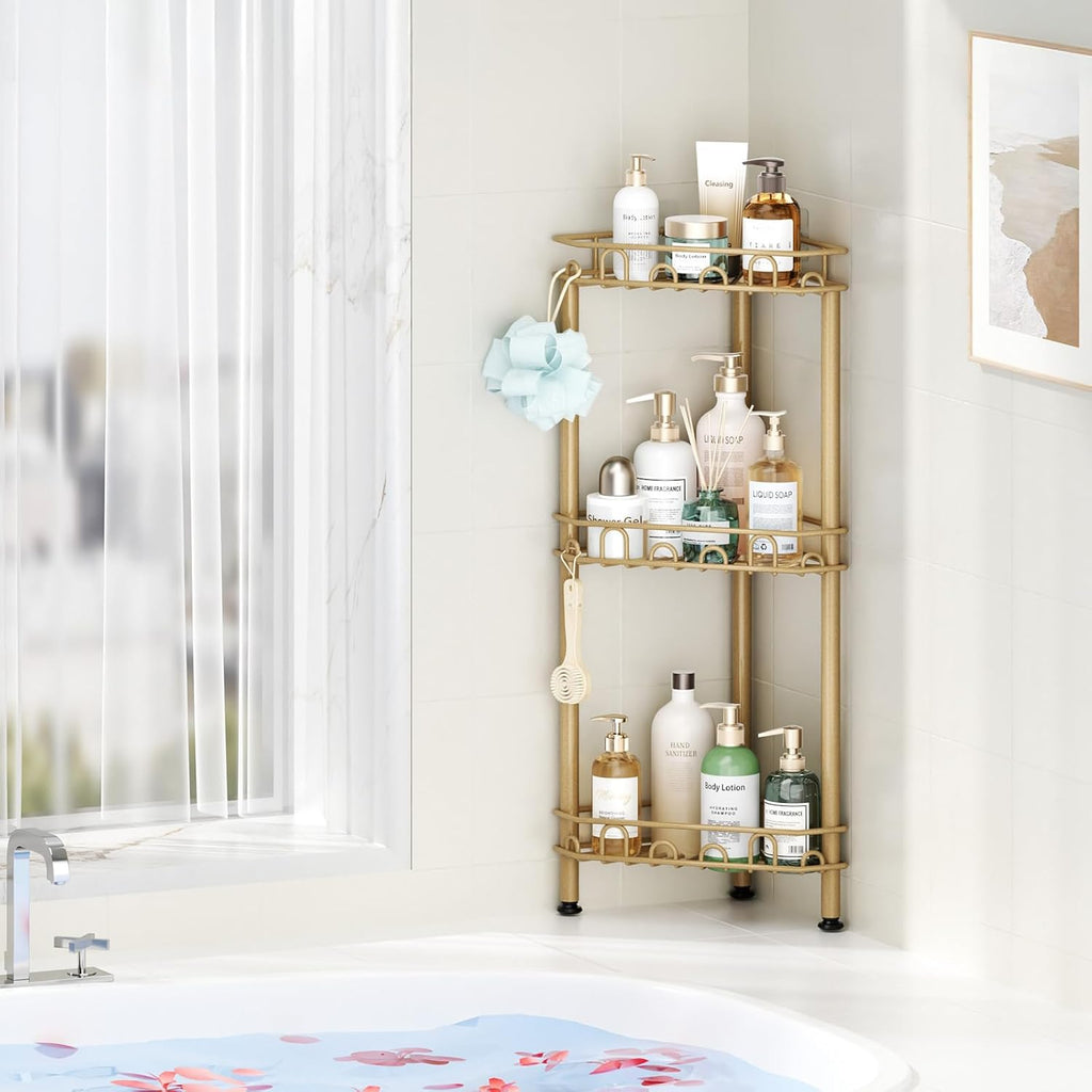 SWTYMIKI Standing Shower Caddy Corner - 3‑Tier Stainless Steel Shower Organizer Shelf with 12 Hooks and Adhesive Pads, Rustproof Corner Shelves Stand Rack for Bathroom Shower Room, Gold