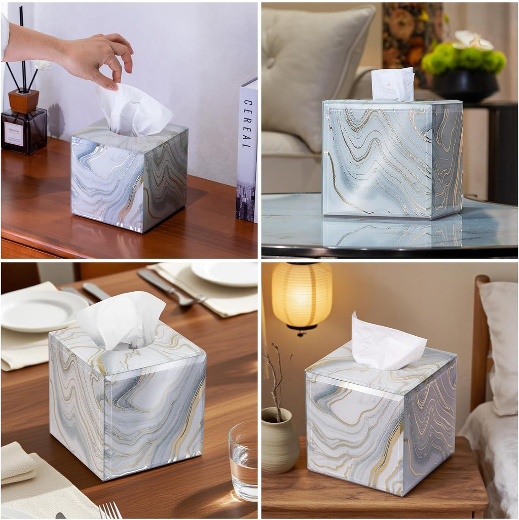 Square Marble Pattern Glass Tissue Box Cover for Table Display