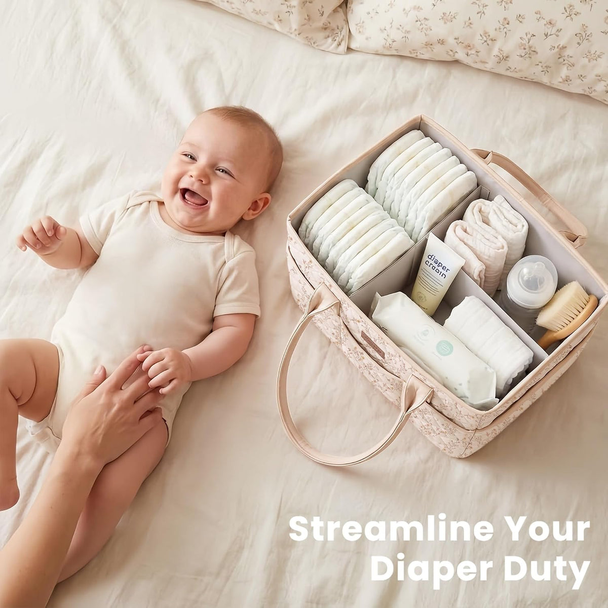Konssy Baby Diaper Caddy Organizer, Floral Design with PU Leather Handles