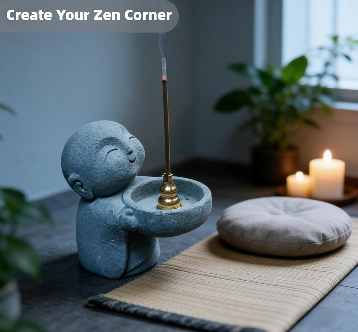 Cute Little Monk Statue Tea Light Holder, Sandstone Zen Buddhist Figurine for Candle Holder, Incense Burner, Meditation Decor, Feng Shui Home Accent, Consecrated with Amulet - 3.9 inch