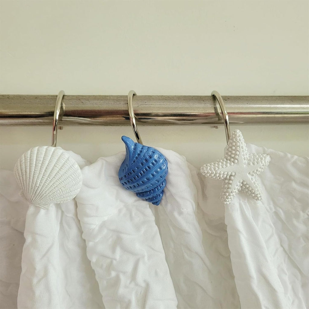 Twofishes Blue Seashell Shower Curtain Hooks S/12 Ocean White Starfish Style Shower Curtain Rings Pack of 12 Oecan Shell Shower Rings Set of 12