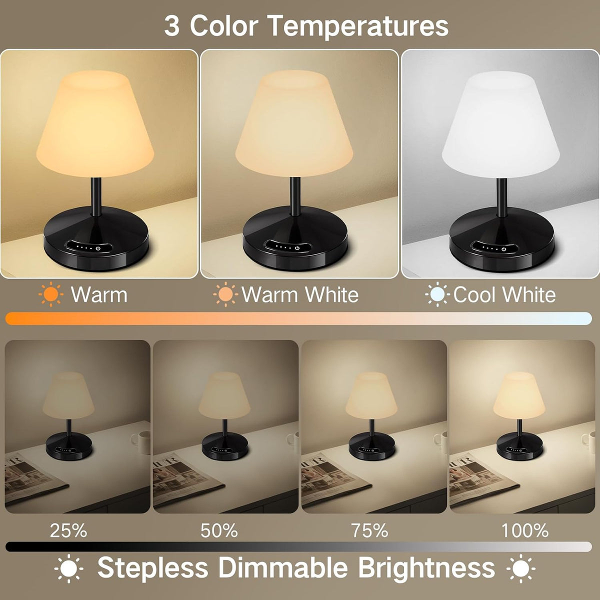OUTON Rechargeable LED Shower & Table Lamp, Waterproof, USB Output, Stepless Dimming, 3 Colors, Power Indicator, Memory Function, Battery Operated Light for Home, Bathroom, Patio & Outdoor (Black)