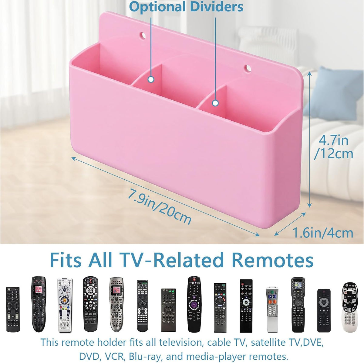 3 Slot Adjustable Remote Control Holder Wall Mount, TV Remote Box Hollow Bottom Slot Easy Phone Charging, Self Adhesive Remote Holder,Wall Pen Holder Storage Accessories for Home Office School (Pink)