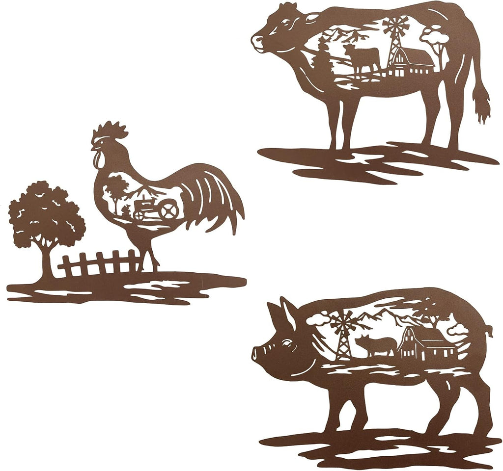 Farm Wall Decor Farmhouse Metal Wall Art Pig Cow Rooster, 9 Inch set of 3