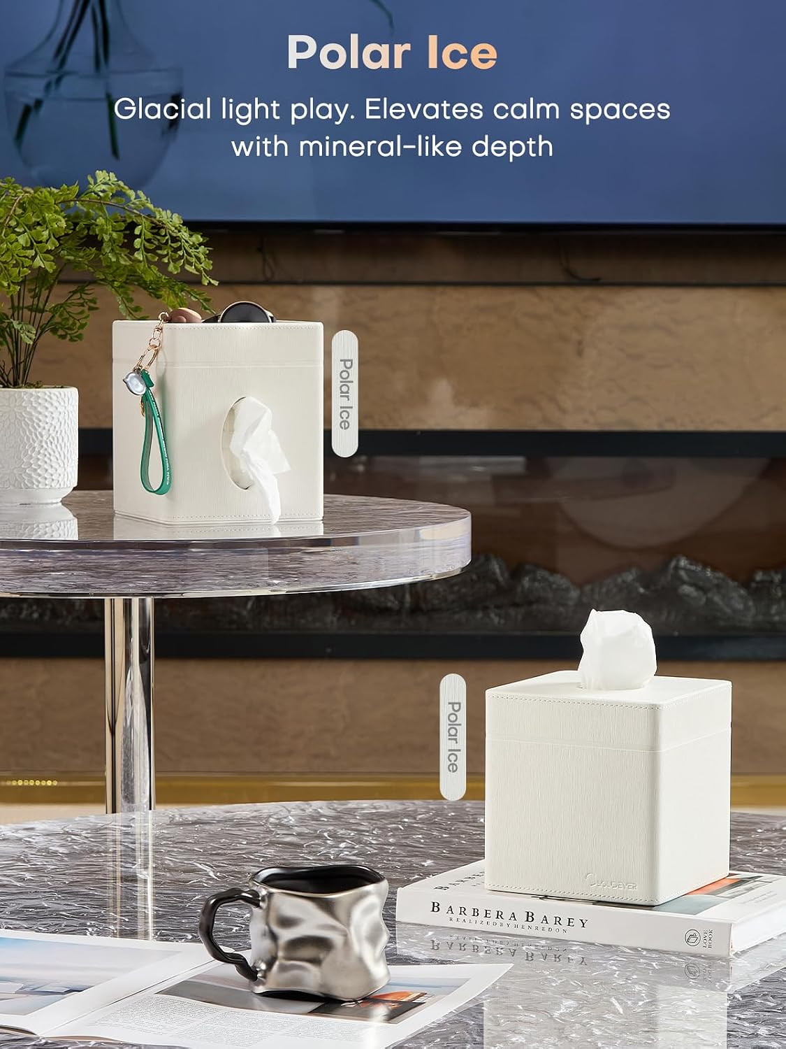 Square Tissue Box Cover Holder with Tray Compatible with Kleenex/Puffs Cubes,Patented Metal-Look PU Leather (Polar Ice)