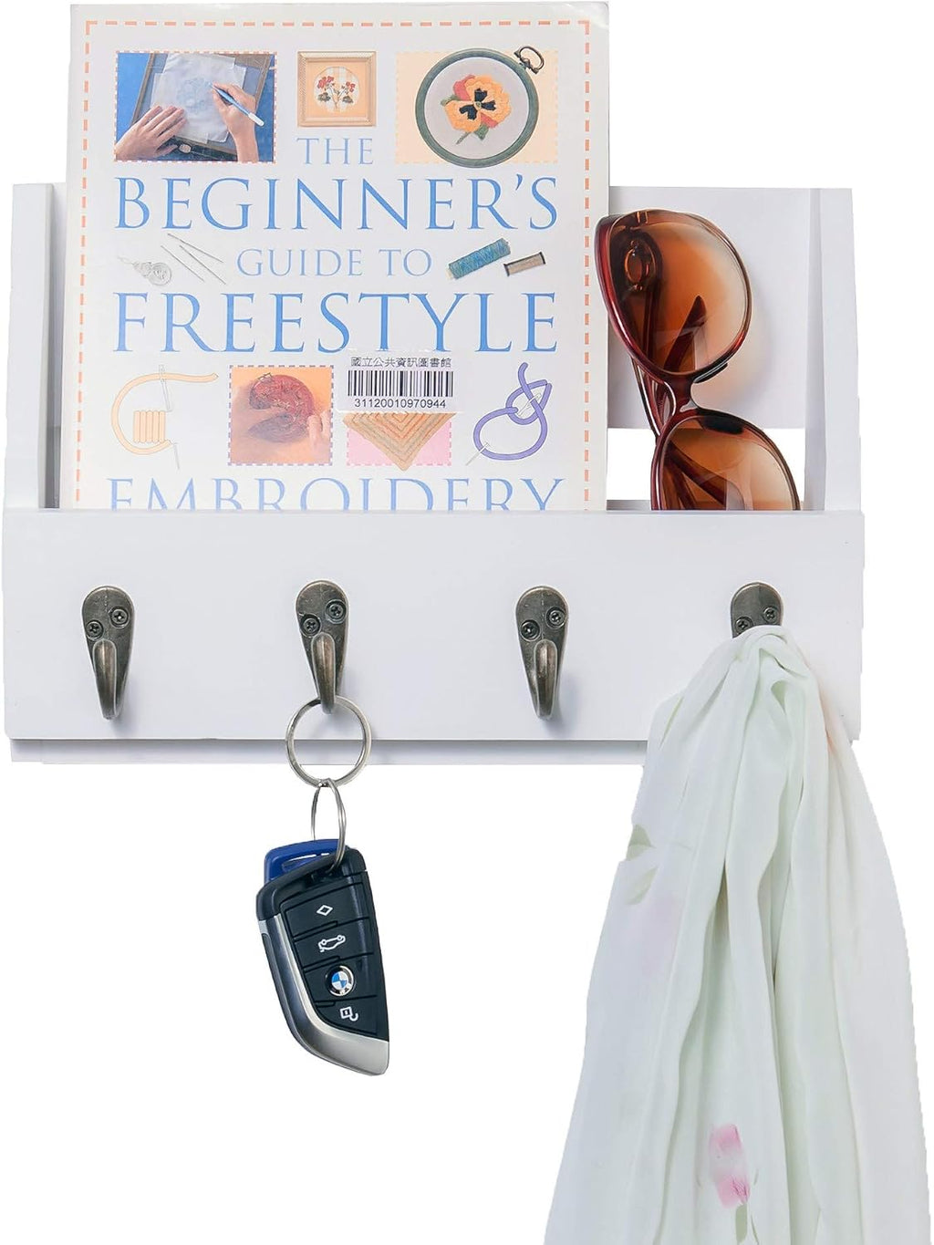 Wall Mounted Key and Mail Holder with 4 Hooks. Made of Solid Wood. Use as Key Rack, Entryway or Mudroom Organizer, Mail Sorter, Magazine Holder, Bill Sorter, Rustic Home Décor (White)