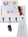 Wall Mounted Key and Mail Holder with 4 Hooks. Made of Solid Wood. Use as Key Rack, Entryway or Mudroom Organizer, Mail Sorter, Magazine Holder, Bill Sorter, Rustic Home Décor (White)