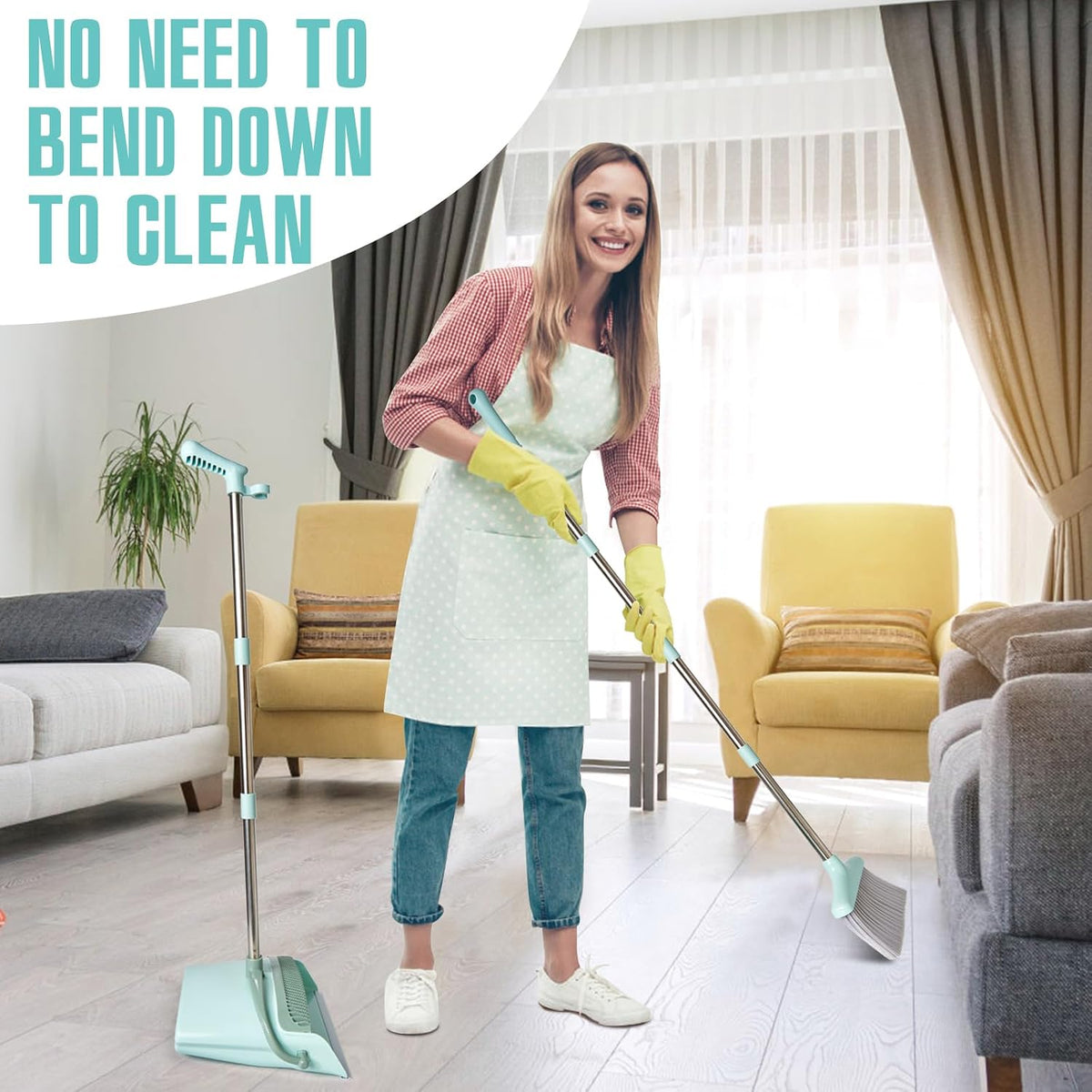 Broom and Dustpan Set+Toilet Brush Dinosaur Shape,Cute Shape Look, TPR Bristles Round Brush, Compact Size Toilet Brushes Floor Standing, 1-Pack