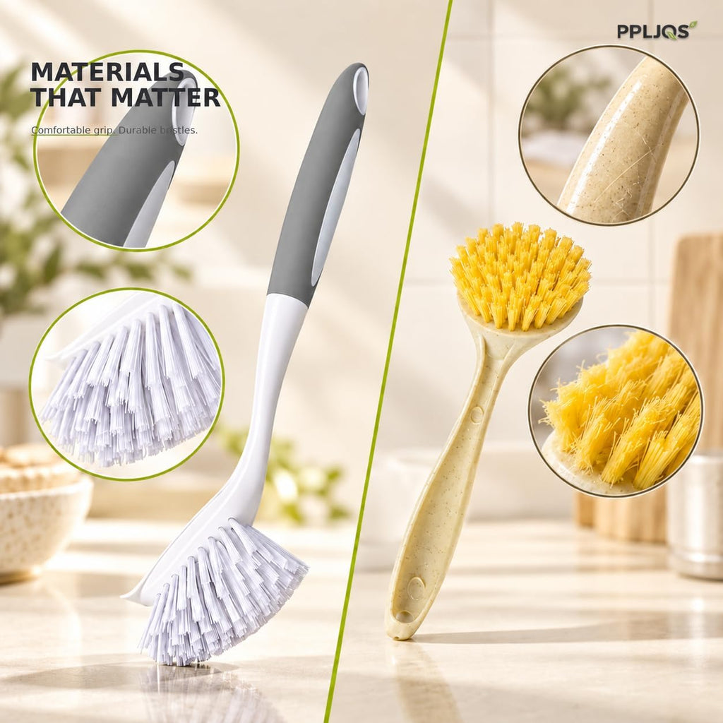 Dish Brush Scrub Brush with Handle - 3 Pack Stiff Bristles Dish Scrubber for Cleaning Dishes, Pots, Pans, Sink, Cast Iron - Hard Bristles,No Residue (Gray)