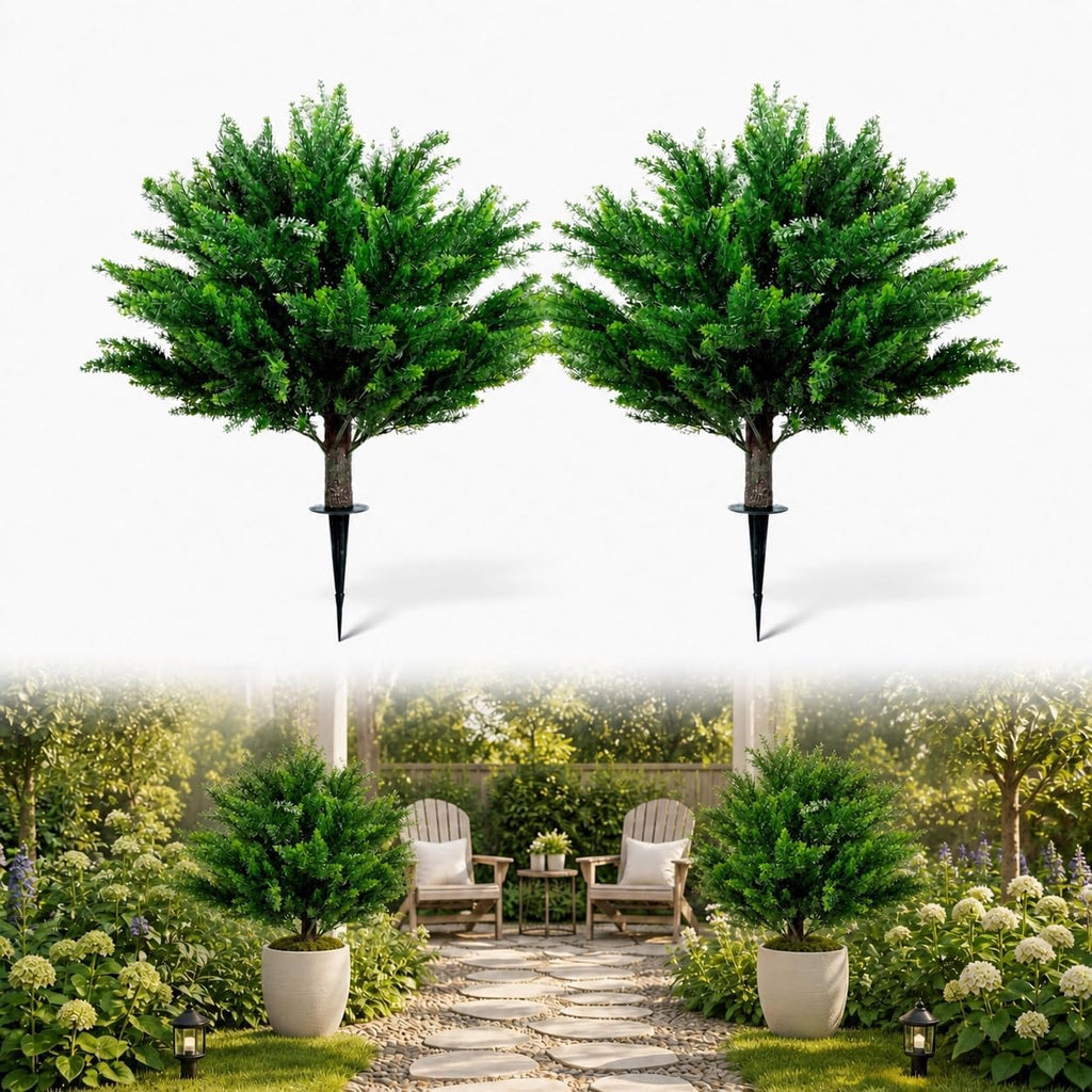 24.8" Artificial Cedar Topiary Tree 2ft (Set of 2) – Faux Cedar Trees for Outdoor Planters with Ground Spike, UV Resistant, Full & Realistic Evergreen Shrubs for Front Porch, Garden, Patio Decor