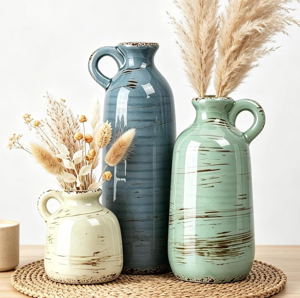 Ceramic Vase Set of 3, Vase Home Decor with Handle, Waterproof Vases