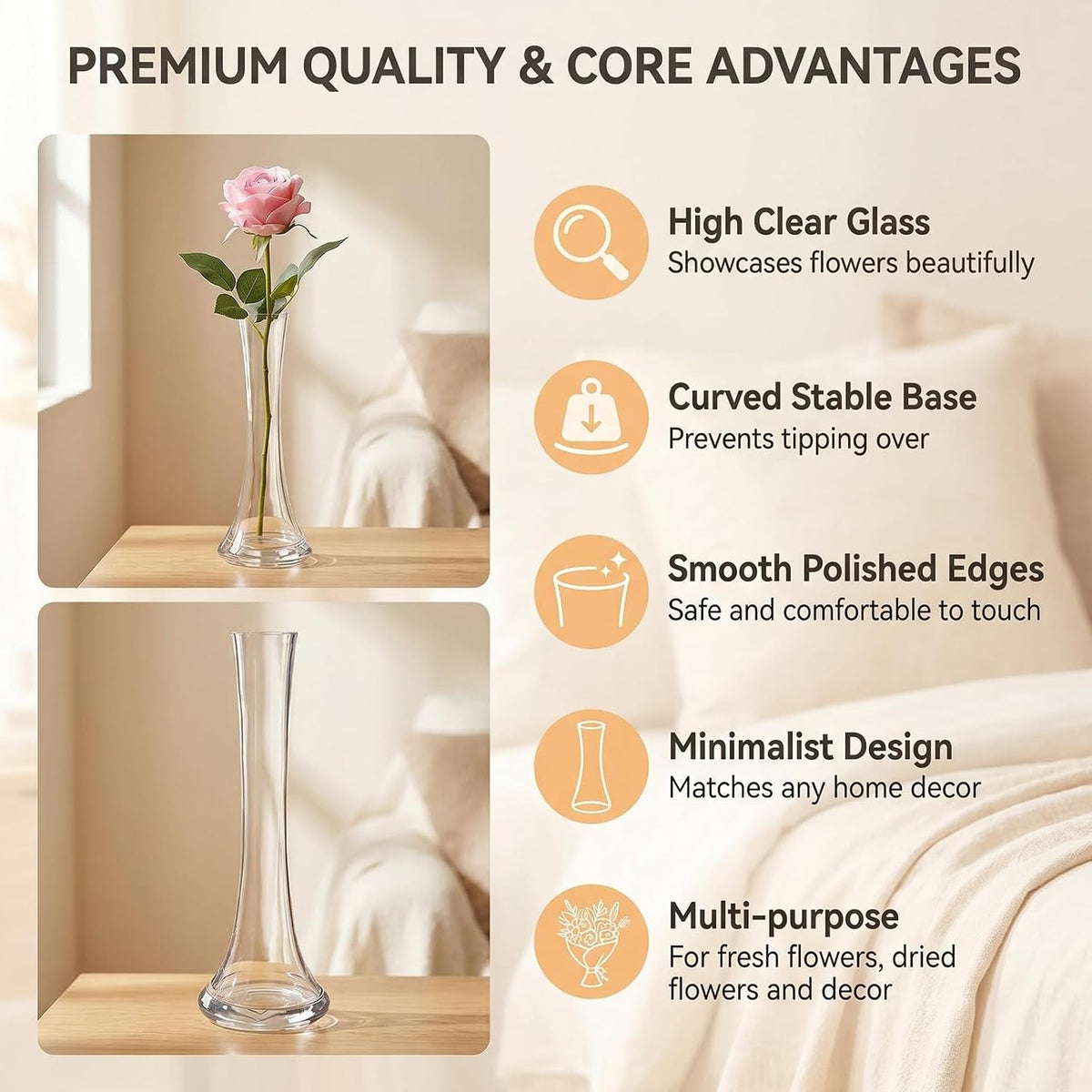 Clear Glass Bud Vase 9.8 Inch Tall Round Bottom Floral Container for Wedding Party Home Office Decor 1 Piece