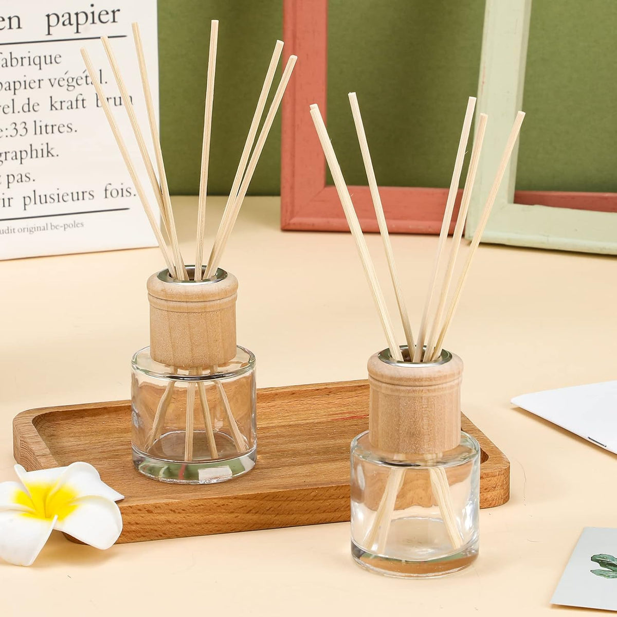 Roshtia 40 Set Reed Diffuser Bottle Empty Refillable Fragrance Glass Diffuser Bottles Set with Wooden Caps Sticks 50ml 1.7 oz Round Glass Jars for DIY Fragrance