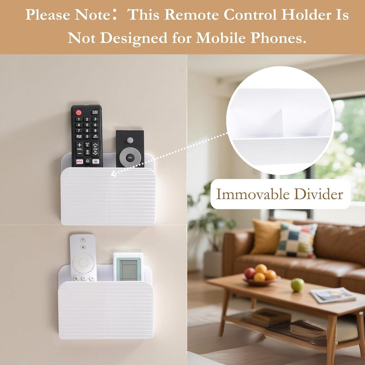 LINFIDITE 2 Pack Adhesive TV Remote Control Holder Wall Mount TV Remote Holder For Bedside Wall Remote Control Caddy Storage Organizer Stand Box （For 2 Or 4 Remote Controls – White ）