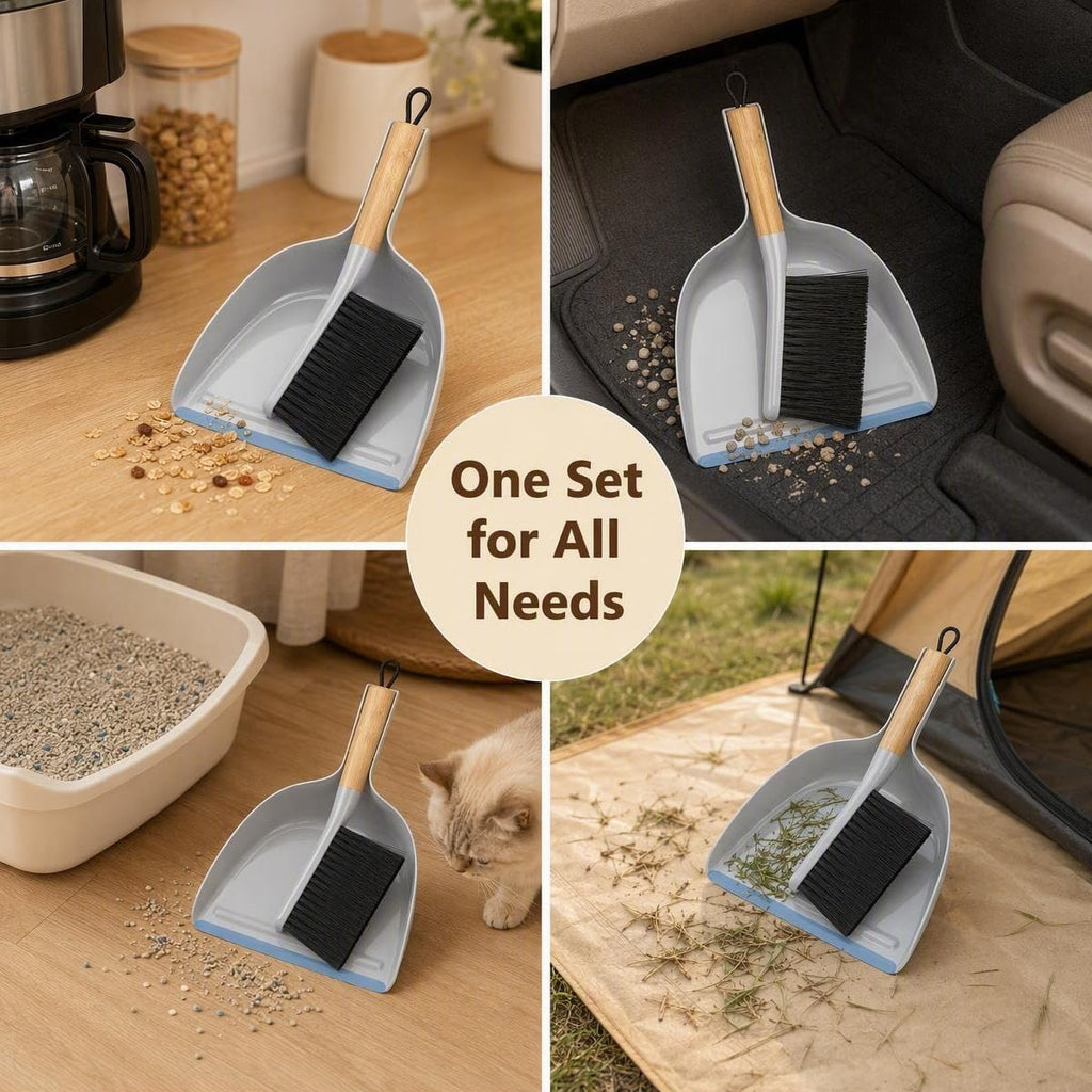 Small Handheld Dustpan and Brush Set, Mini Broom with Flagged PET Bristles & Rubber Lip Dustpan, Bamboo Handle Counter Crumb Sweeper for Kitchen, Desk, Car, Pet Hair