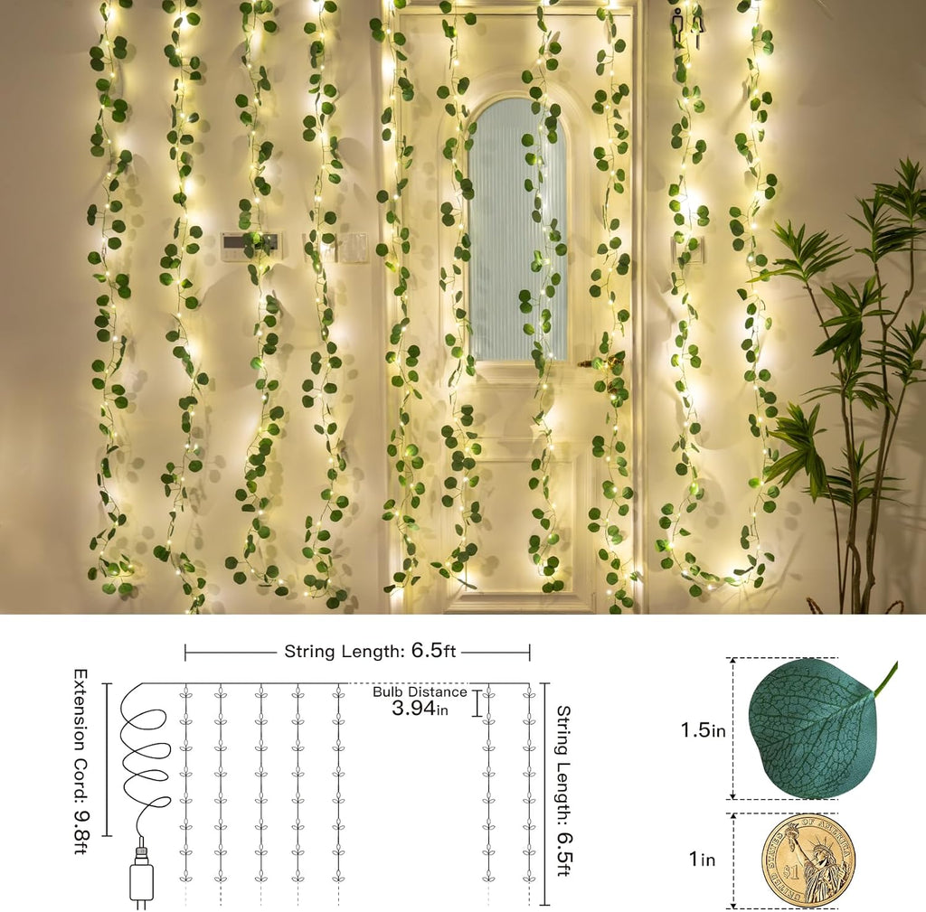 suddus 200 LED Vine with Light Plug in, 6.5ft x 6.5ft Eucalyptus Fairy Curtain Lights with Remote, Leaf Fairy Lights for Wall,Bedroom, Dorm, Wedding, Party, Indoor Decor(Warm White)