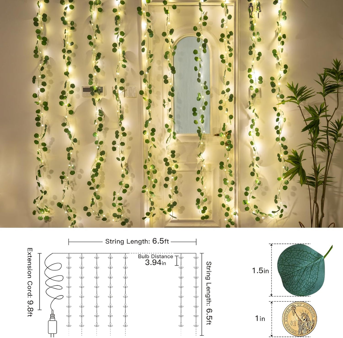 suddus 200 LED Vine with Light Plug in, 6.5ft x 6.5ft Eucalyptus Fairy Curtain Lights with Remote, Leaf Fairy Lights for Wall,Bedroom, Dorm, Wedding, Party, Indoor Decor(Warm White)