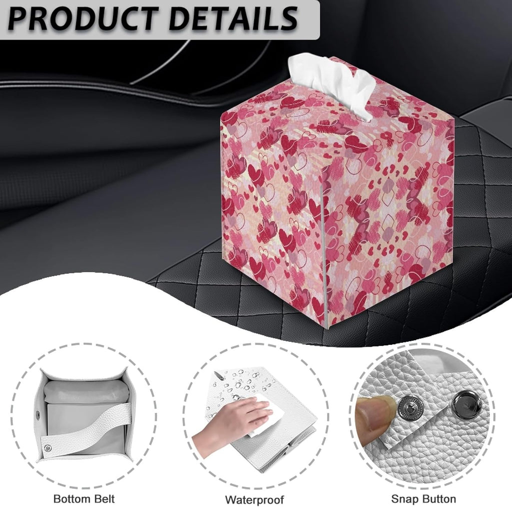 Happy Valentines Day Facial Tissue Box Cover PU Leather Square Tissue Case Dispenser 5.1"X5.1"X5.5" Organizer for Living Room Kitchen Bathroom Home Decor,Pink Love Heart